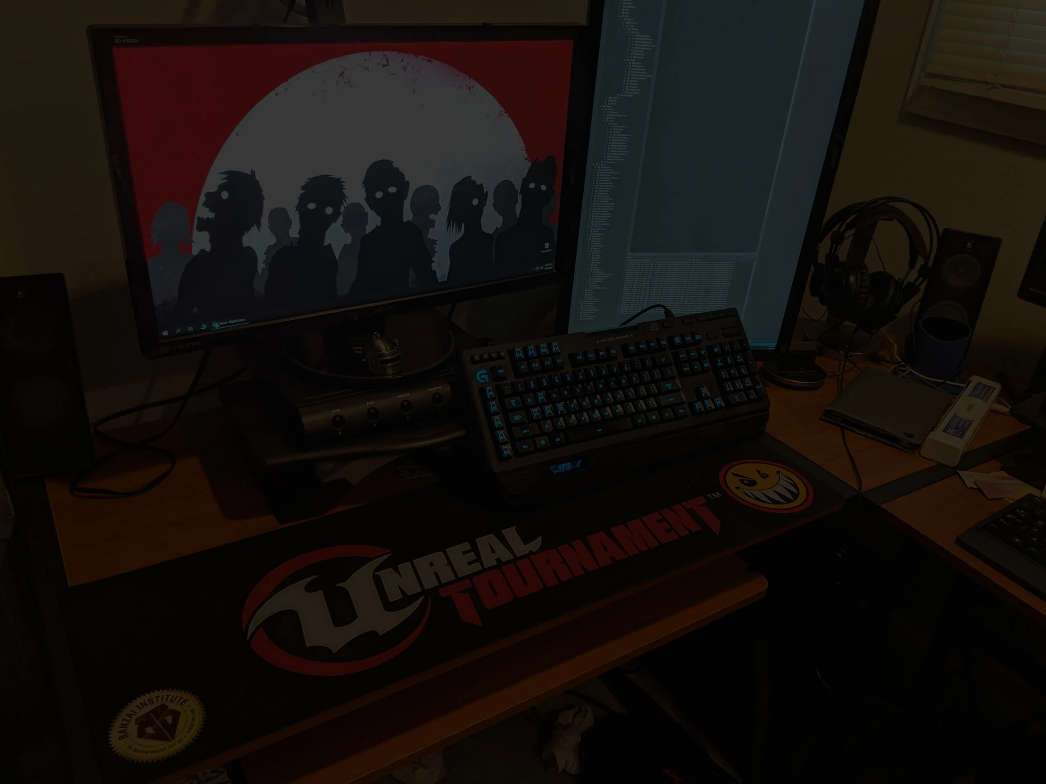 Joe’s game development desk, with Unreal Tournament memorabilia